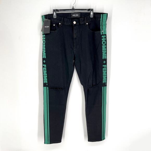 Homme + Femme NEW Skinny Distressed Jeans Mens Sz 40 Black Green Logo Stripes - Picture 1 of 10